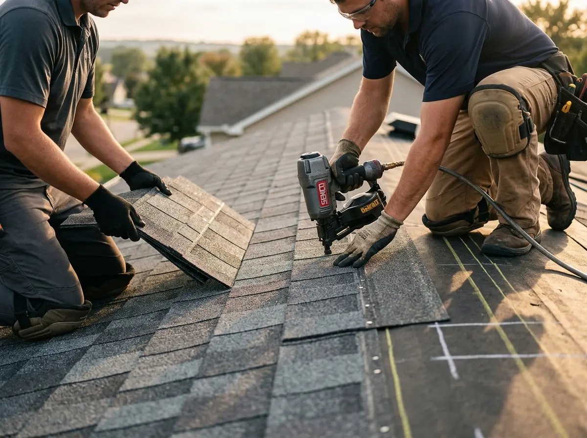 Professional roofer working on a residential roof in Briar